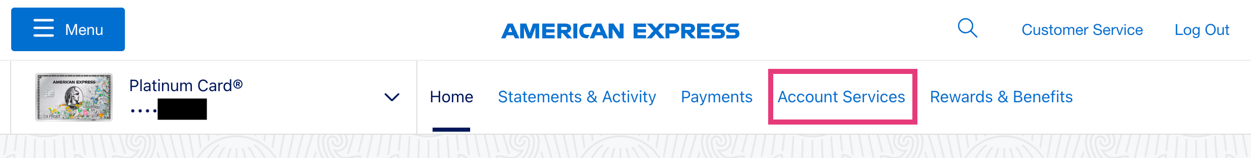 American Express Header Bar. Click Account Services