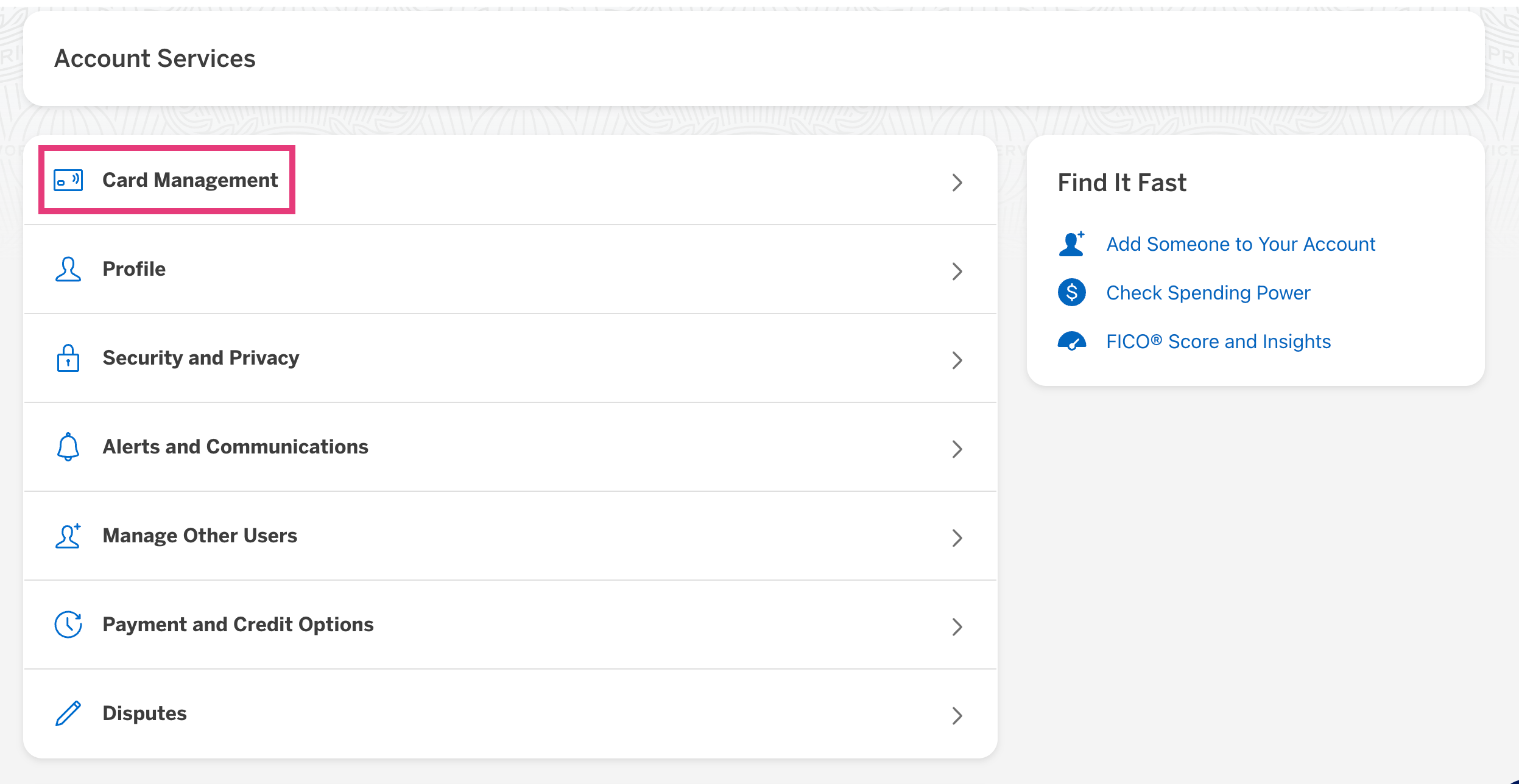 American Express Account Services Page. Click Card Management