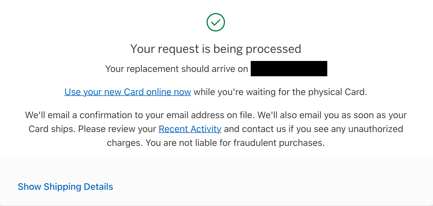 American Express confirmation page for new card order