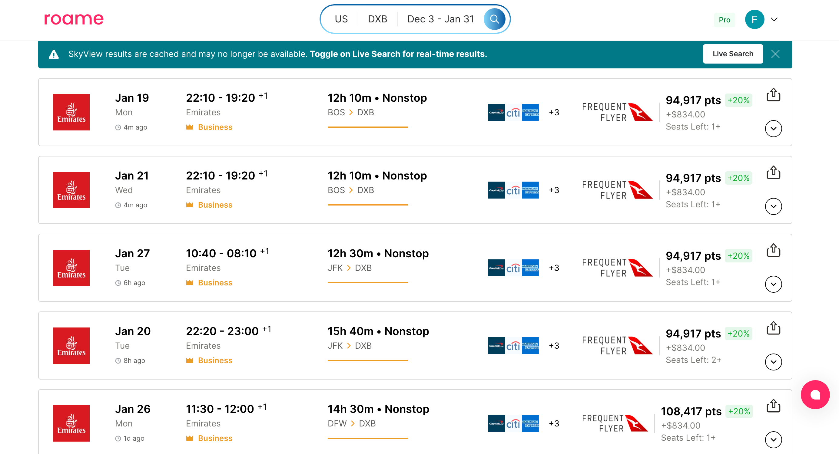Emirates Flight with Roame Search